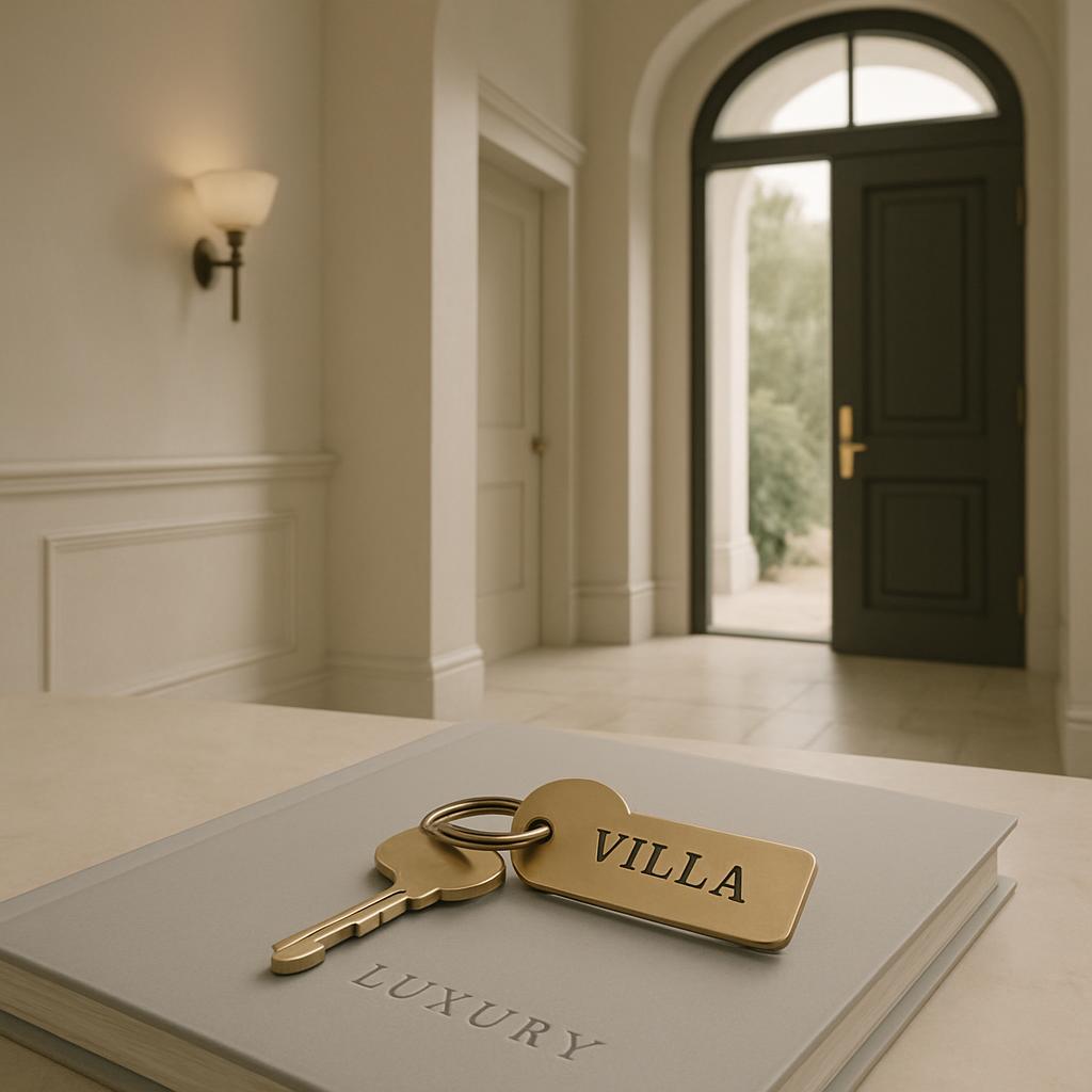 A luxurious interior space with white walls, an arched doorway, and a white marble table featuring a book titled "LUXURY" ...