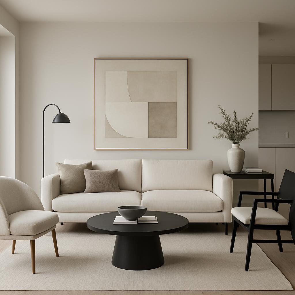 a minimalist living room with white walls, a white couch, and a black coffee table.