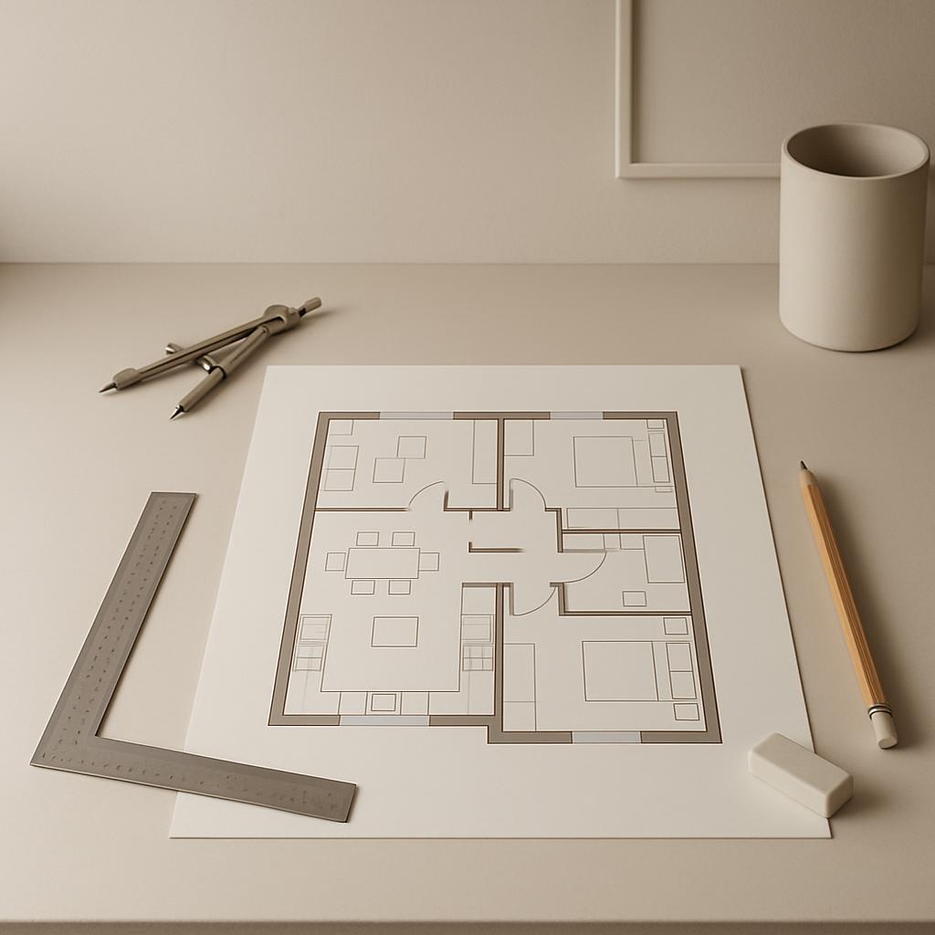 A top-down bird's eye view of a floor plan with measurement tools and pencils and erasers around it.